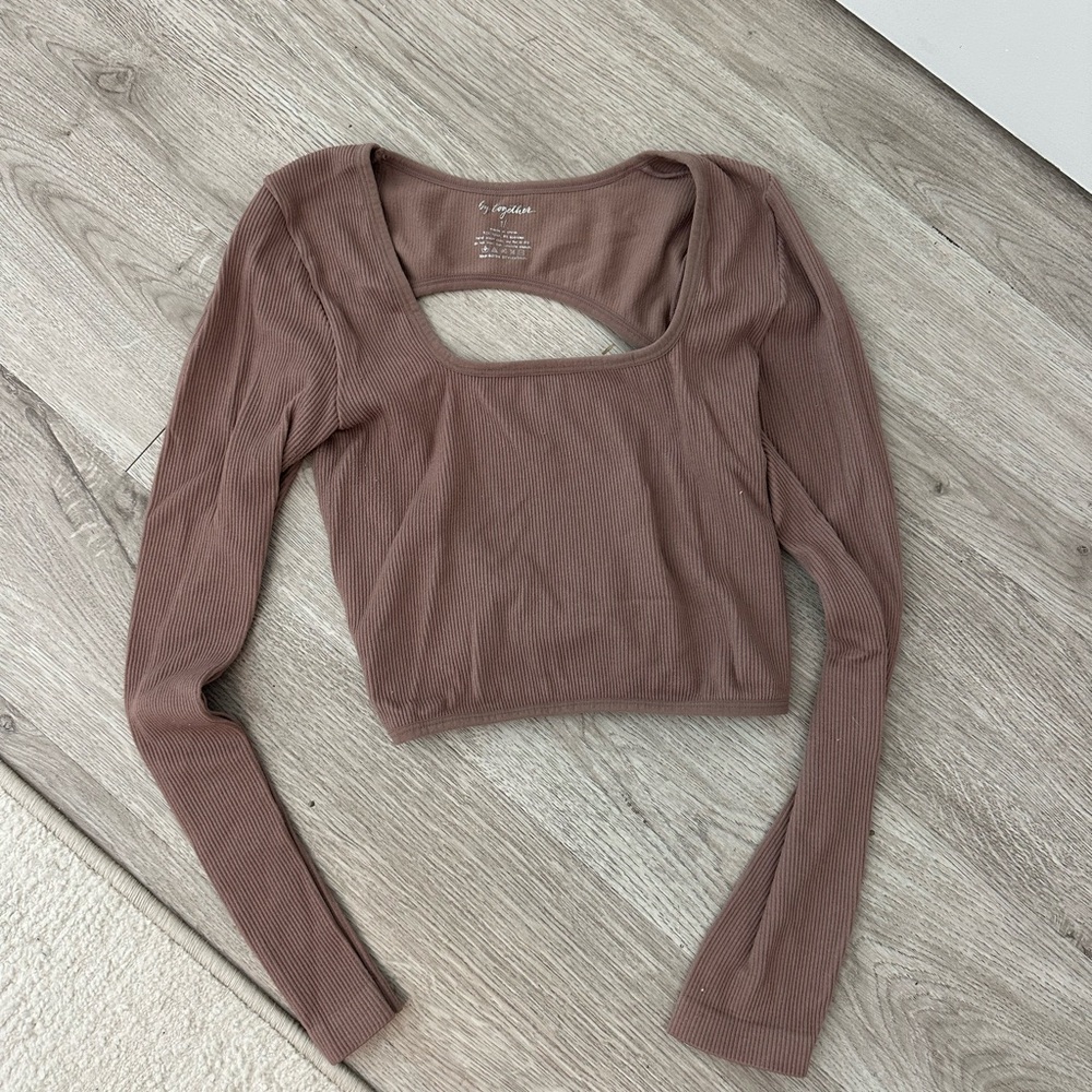 Mauve Brown Ribbed Long-Sleeve Square Neck Crop Top